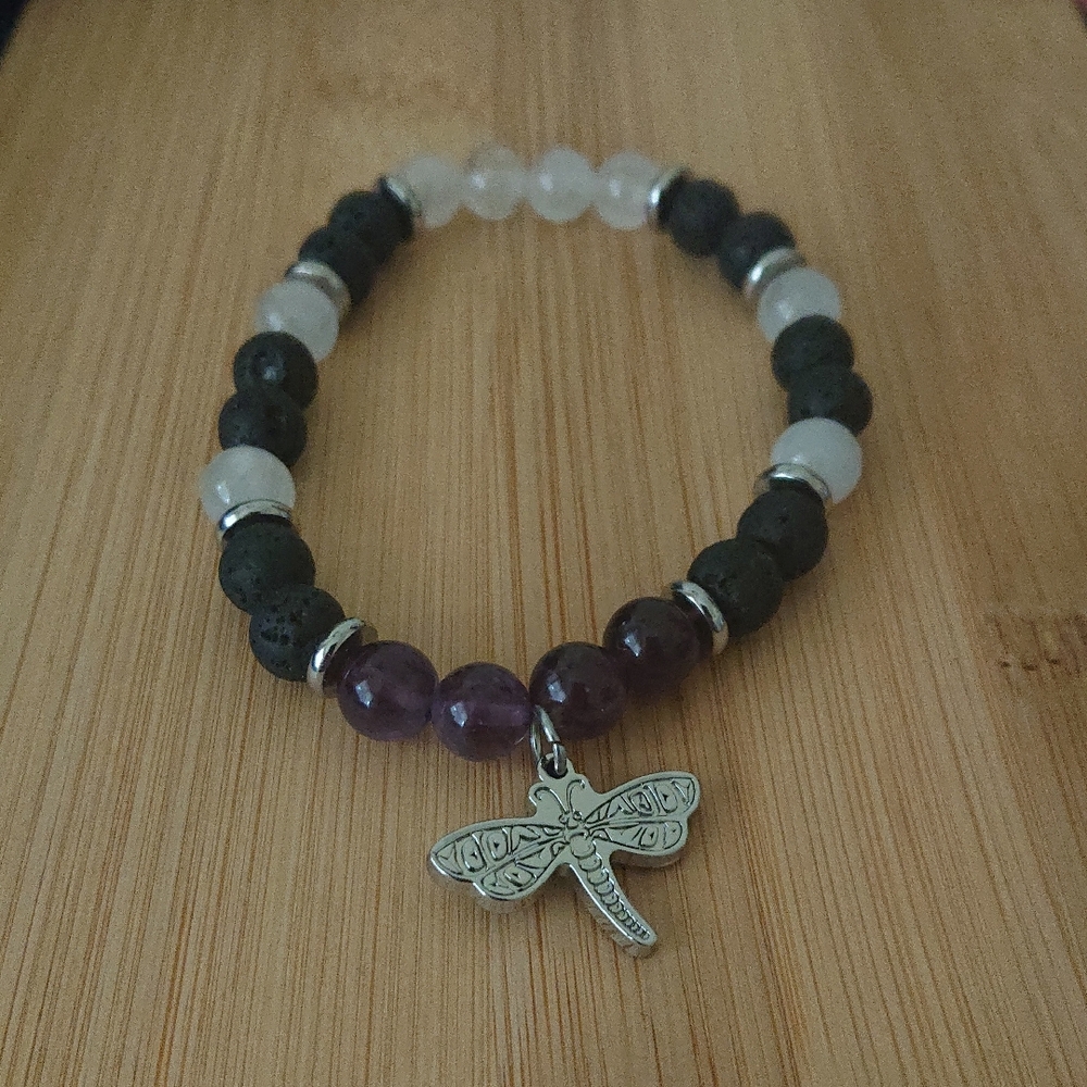 Dragonfly Charm Beaded Bracelet - Purple, Black, Silver